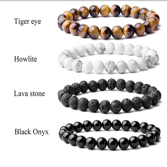 Energy Healing Beaded Bracelet - 8mm Natural Stones: Black Onyx, Lava, Tiger Eye, Agate, Quartz for Men and Women, Yoga & Chakra Jewelry