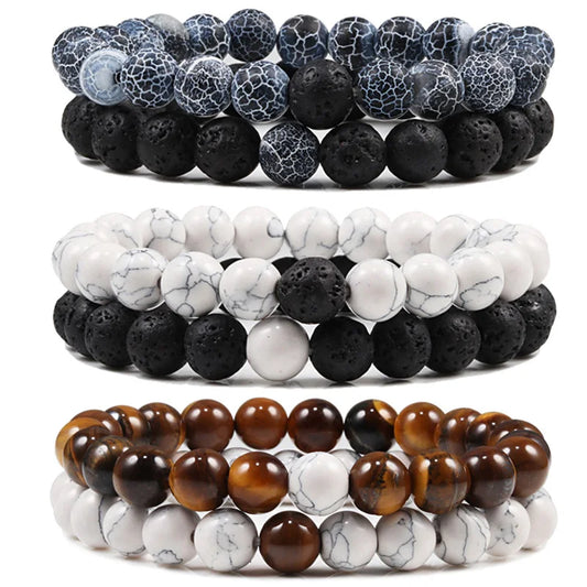 Matching Black and White Lava Stone & Tiger Eye Beaded Bracelets for Couples