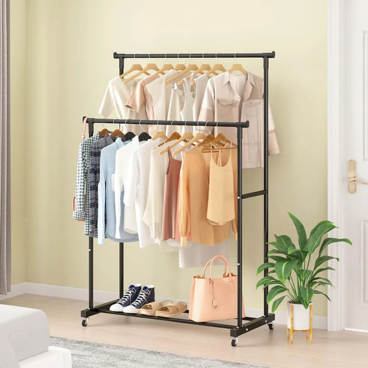 Rolling Double-Rod Clothing Rack with Hooks and Storage for Bedroom – Portable Clothes Organizer with Wheels