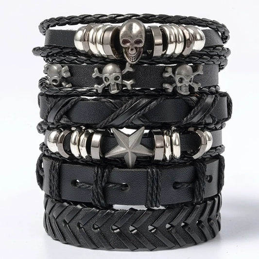 Set of 6 Black Punk Skull & Star Bracelets - Alloy and PU Leather Design