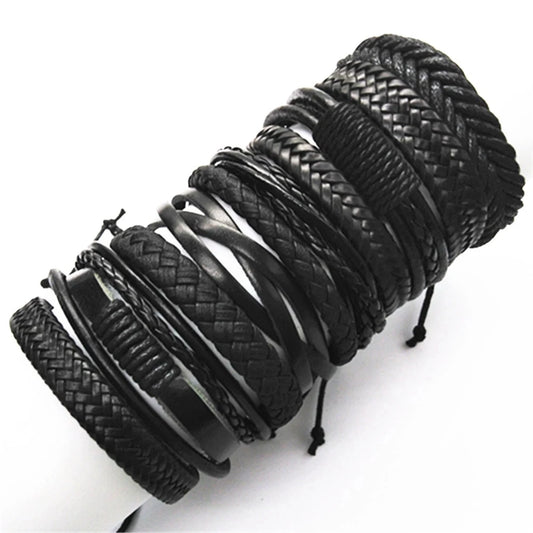 Leather Bracelets for Men and Women -10 Pcs Set of Handmade Black Woven- Stylish Bangles for Wholesale Gift Jewelry